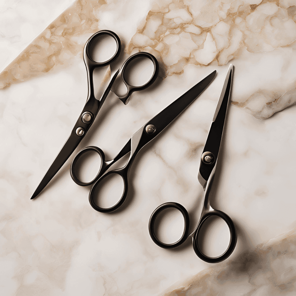 Three black-handled scissors arranged diagonally on a marble surface.