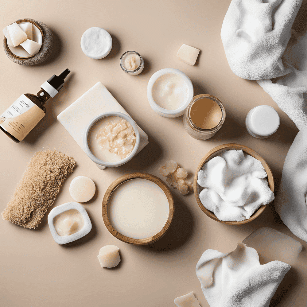 Various skincare products and natural ingredients arranged aesthetically on a neutral background.