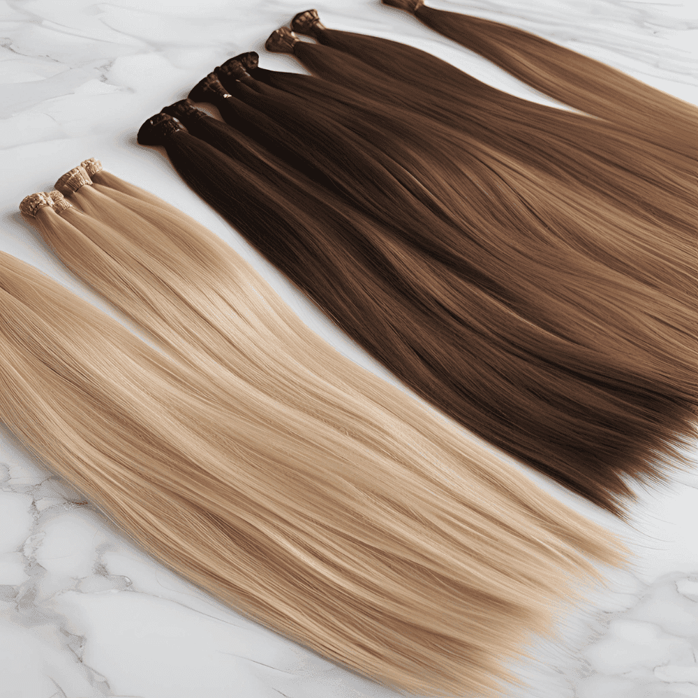 Four sets of hair extensions in various shades of brown and blonde on a marble surface.